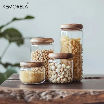 Transparent Food Storage Container Jar with Acacia Wood Lid – Round Sealed Container for Tea, Dried Fruit, and Snacks