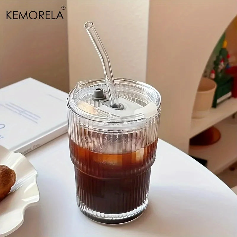 Stripe Glass Cup with Lid & Straw – 1/2PCS 450ml Transparent for Coffee, Tea, Juice, and Milk
