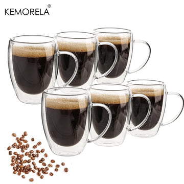 Transparent Double Wall Glass Mug with Handle 350ml 2/4/6PCS – Coffee, Tea, Milk Cup