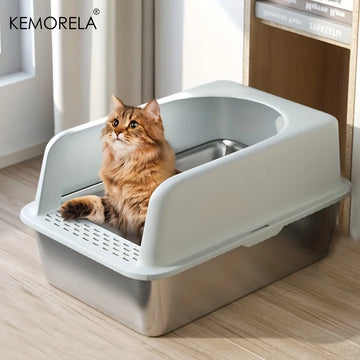 XL Stainless Steel Cat Litter Box with Lid – 60/50CM, High Side, Odor-Resistant