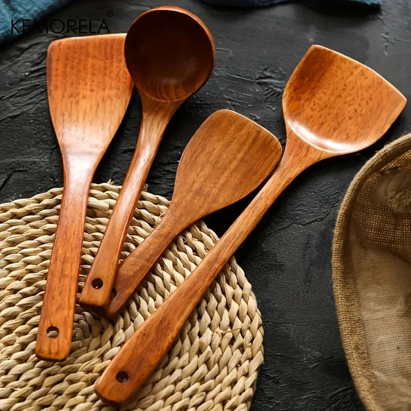 Wooden Spatula 4PCS Set – Long Handle Rice Spoon, Soup Spoon, and Cooking Spoons for Kitchen