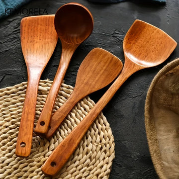 Wooden Spatula 4PCS Set – Long Handle Rice Spoon, Soup Spoon, and Cooking Spoons for Kitchen
