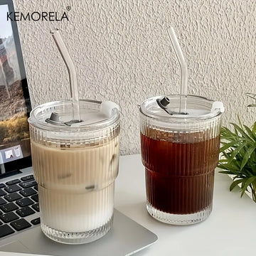Stripe Glass Cup with Lid & Straw – 1/2PCS 450ml Transparent for Coffee, Tea, Juice, and Milk