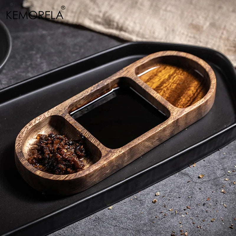 Solid Wood Rectangle Tray 1PCS – 3-Grid Condiment Plate for Breakfast, Sushi, Bread, and Dessert