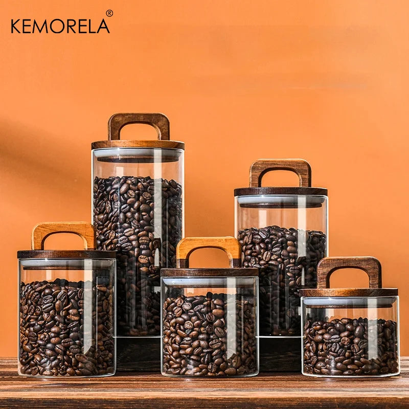 Glass Jar with Wooden Lid – Airtight Food Canister for Tea, Coffee Beans, and Kitchen Storage