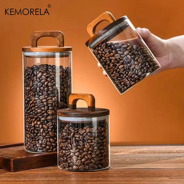 Glass Jar with Wooden Lid – Airtight Food Canister for Tea, Coffee Beans, and Kitchen Storage