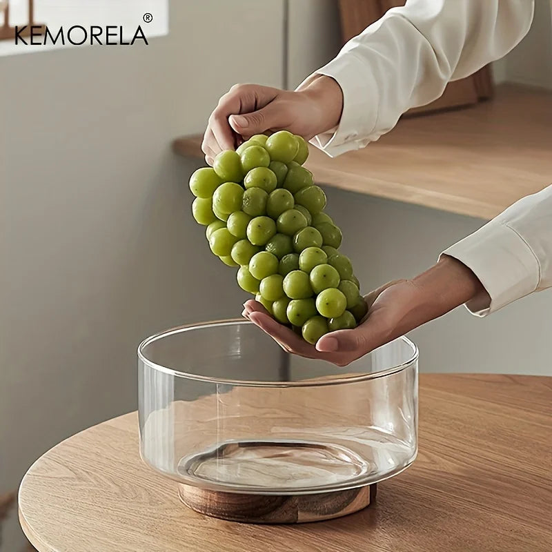 Creative Glass Fruit Bowl with Wooden Base – Large Salad, Snack, Popcorn, and Nut Storage Container