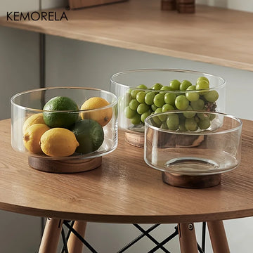 Creative Glass Fruit Bowl with Wooden Base – Large Salad, Snack, Popcorn, and Nut Storage Container