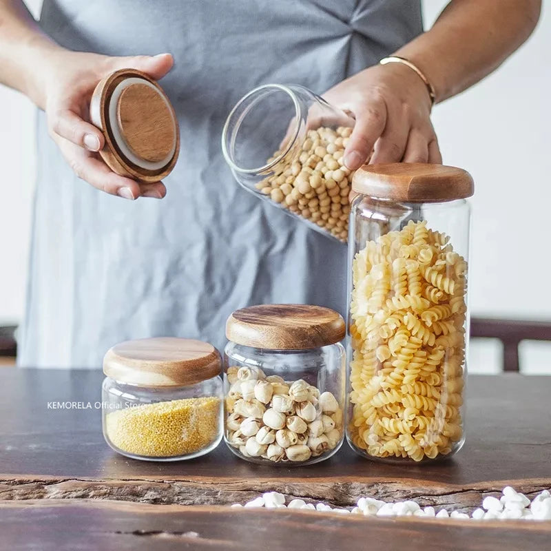 Transparent Food Storage Container Jar with Acacia Wood Lid – Round Sealed Container for Tea, Dried Fruit, and Snacks