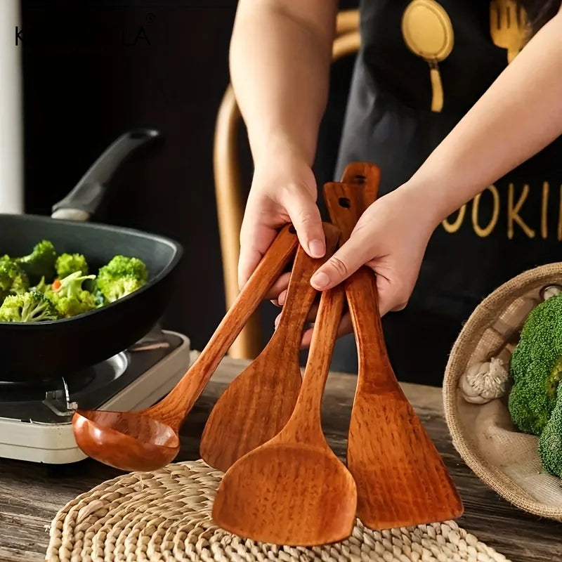Wooden Spatula 4PCS Set – Long Handle Rice Spoon, Soup Spoon, and Cooking Spoons for Kitchen