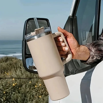 1200ml Thermal Coffee Cup – 304 Stainless Steel Vacuum Flask with Handle & Straw