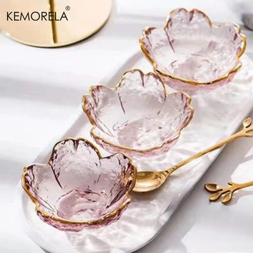 Japanese Style Small Glass Plate 1-3PCS  – Mini Dessert & Seasoning Bowl with Golden Border for Ice Cream & Salad