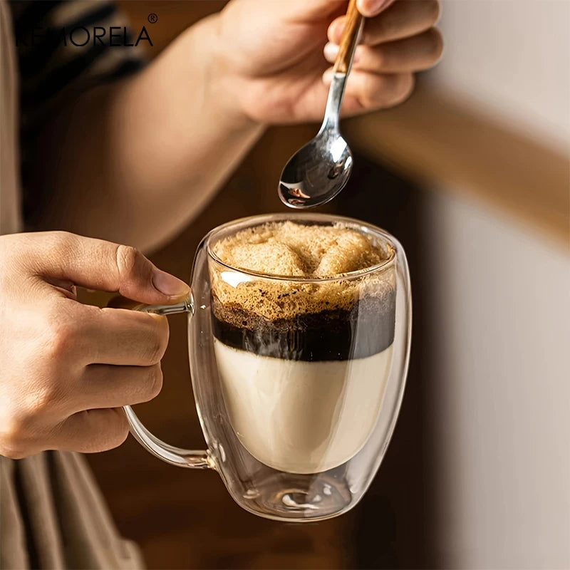 Transparent Double Wall Glass Mug with Handle 350ml 2/4/6PCS – Coffee, Tea, Milk Cup
